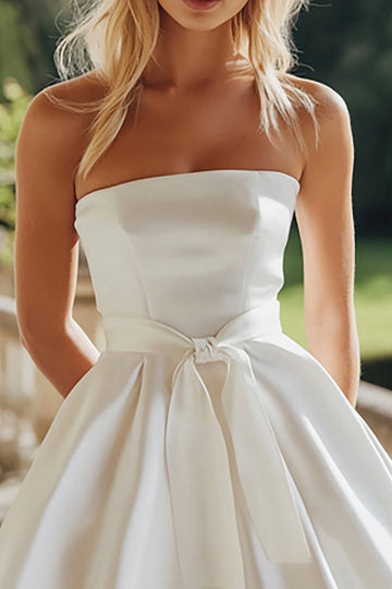 White A Line Satin Strapless Midi Graduation Dress with Bowknot